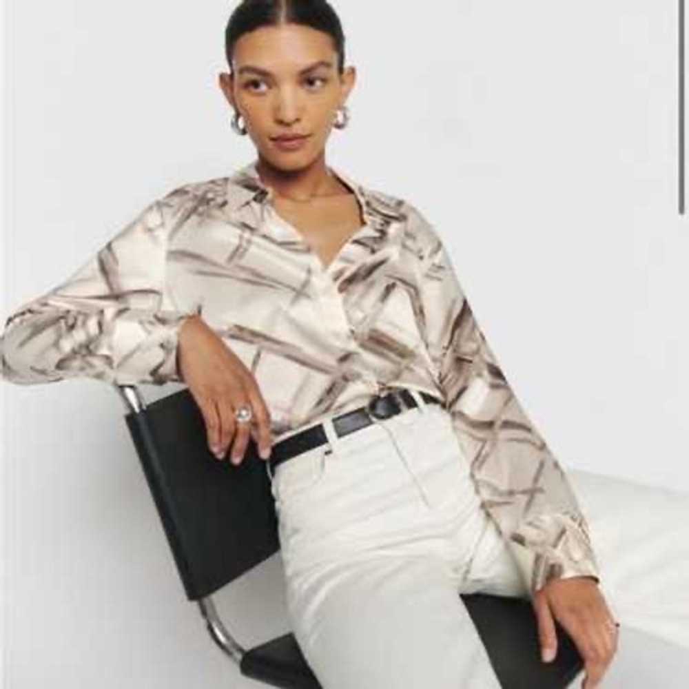 Reformation Silk Button Down Shirt Aura Abstract Print Cream Brown Grey Size M